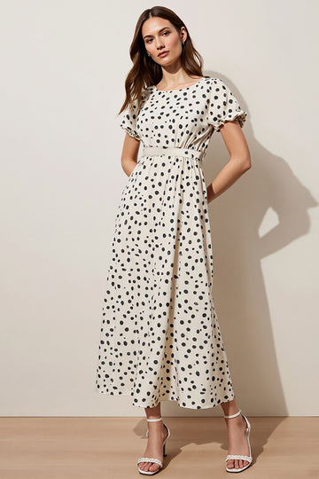 White Polka Dot A Line Midi Work Dress with Short Sleeves